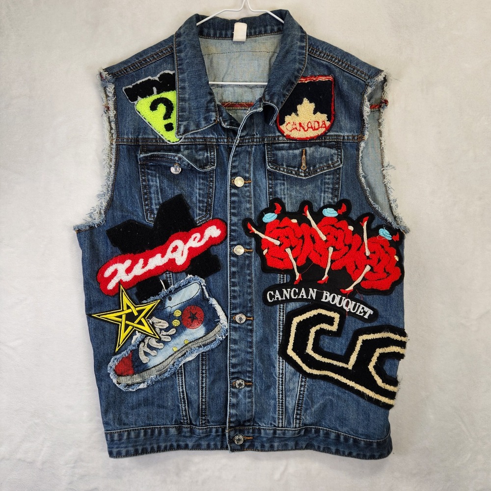 Custom Patch Denim Vest Womens XXXL‎ Embellished Jean Jacket Sleeveless